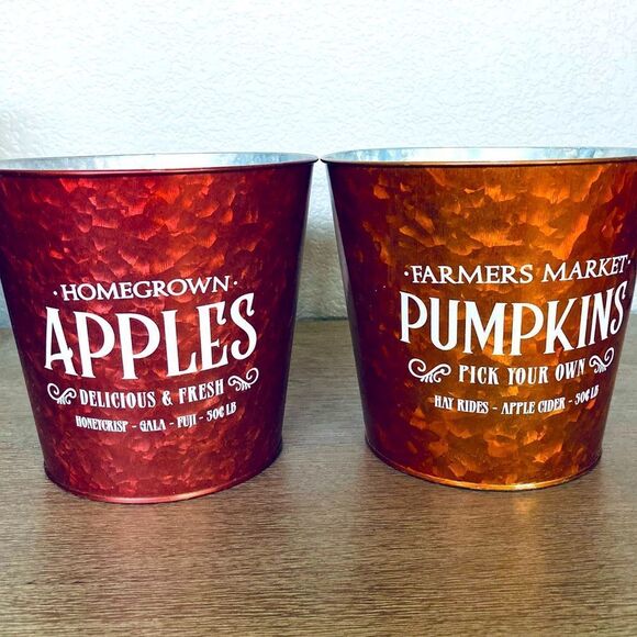Fall Farmhouse Pumpkin & Apple Tin Bucket Planters Decor Set - Picture 1 of 4